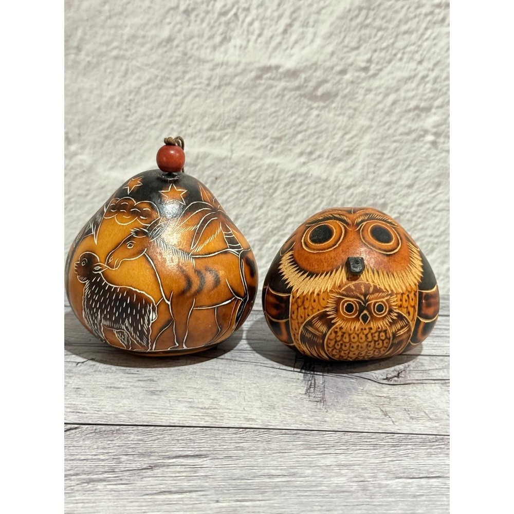 Vtg Peruvian Mate Burilado Hand Carved Gourd Lot (2) Lidded Box & Nazca Art
